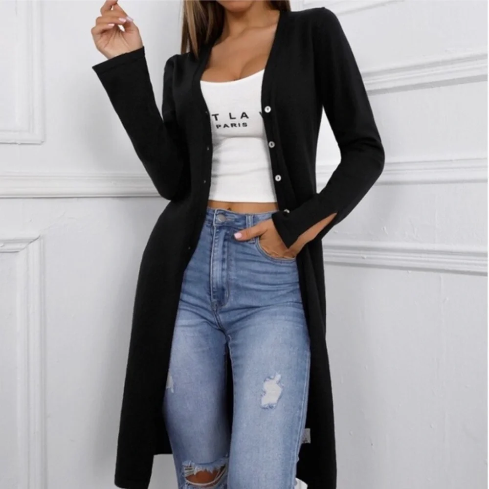 Black Button Up mid length slit cuff cardigan